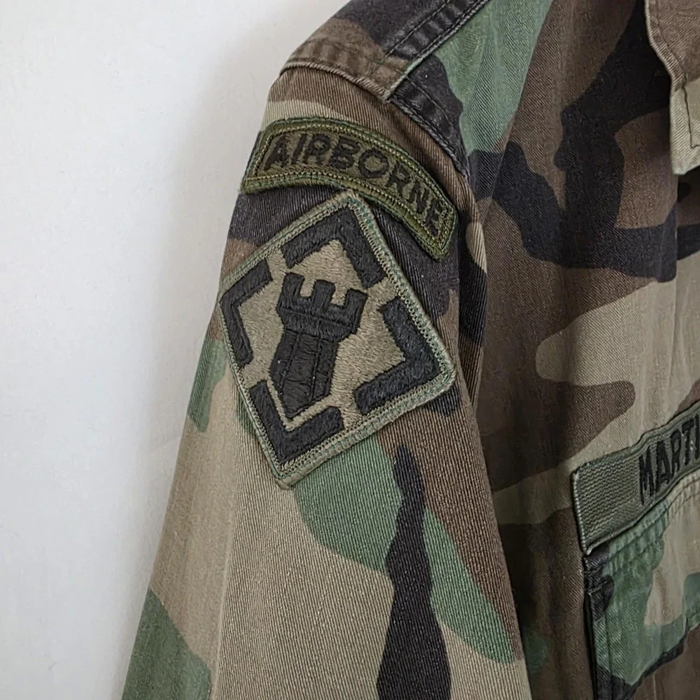 US Army Jacket Mens Med Reg Combat Coat Woodland Camo Name Airborne Calvary 1988
